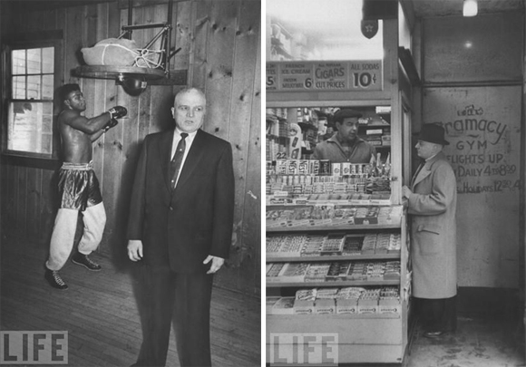 Untitled-5 L: a 1957 foto di Cus D'Amato e Patterson, Photo: Thomas D. McAvoy/Time & Life Pictures/Getty Images; R: a 1957 foto of D'Amato in piedi alla bancarella delle caramelle, davavti all'ingresso della Gramercy Gym (nota che Gramercy è scritto "Gramacy" è stato scritto erroneamente dal pittore), Foto: Thomas D. McAvoy./Time & Life Pictures/Getty Images.